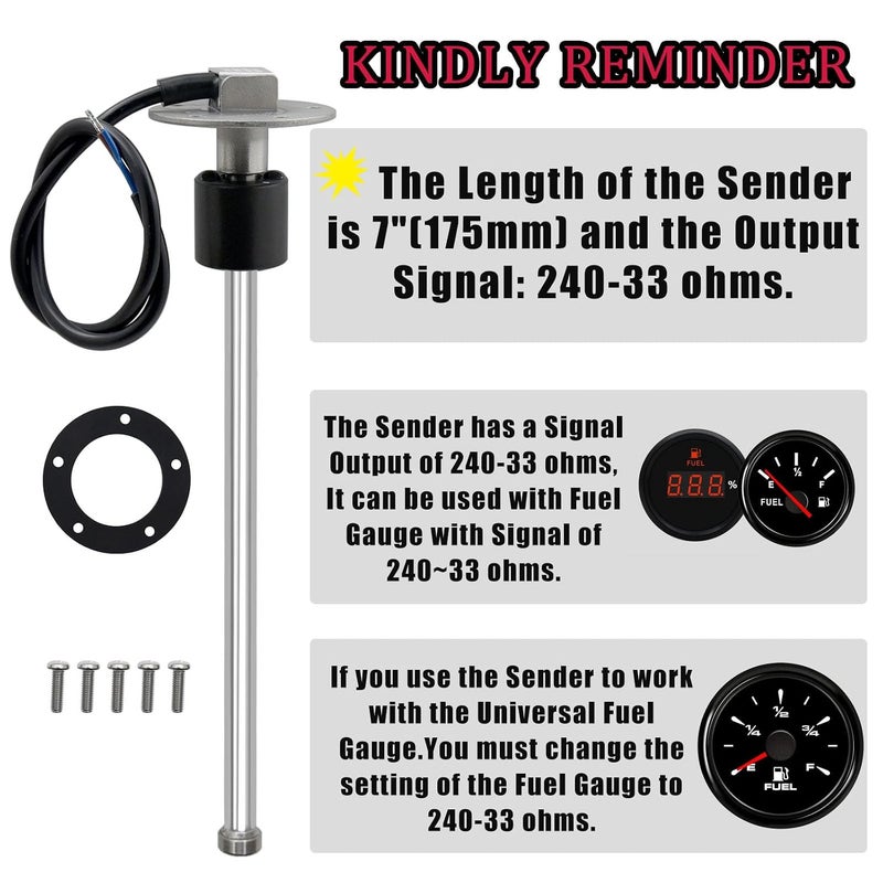 Geloo Fuel Gas Sender Stainless Steel Fuel Sending Unit Marine Boat Water Level Gauge Sensor 5 Hole fit Fuel &Water Gauge 240-33OHM 175mm - Image 5