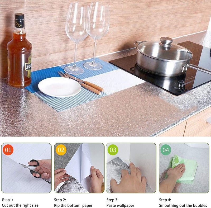 Livelynine لايفليناين ورق حائط للمطابخ مقاس 15.8×394 بوصة، قابل للإزالة، مقاوم للزيت والماء، بلون فضي، يُستخدم كديكور للخزائن وأرفف المطابخ، ويأتي مع طبقة عازلة من الألمنيوم. - Image 2