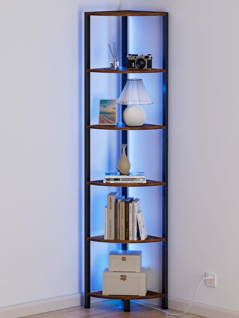 Furnulem 6 Tier Corner Shelf with LED Light 675 Tall Standing Shelf Organizer Narrow Bookshelf with Storage Rack for Wall Corner Living Room Bedroom Metal Frame Wood Display Shelf
