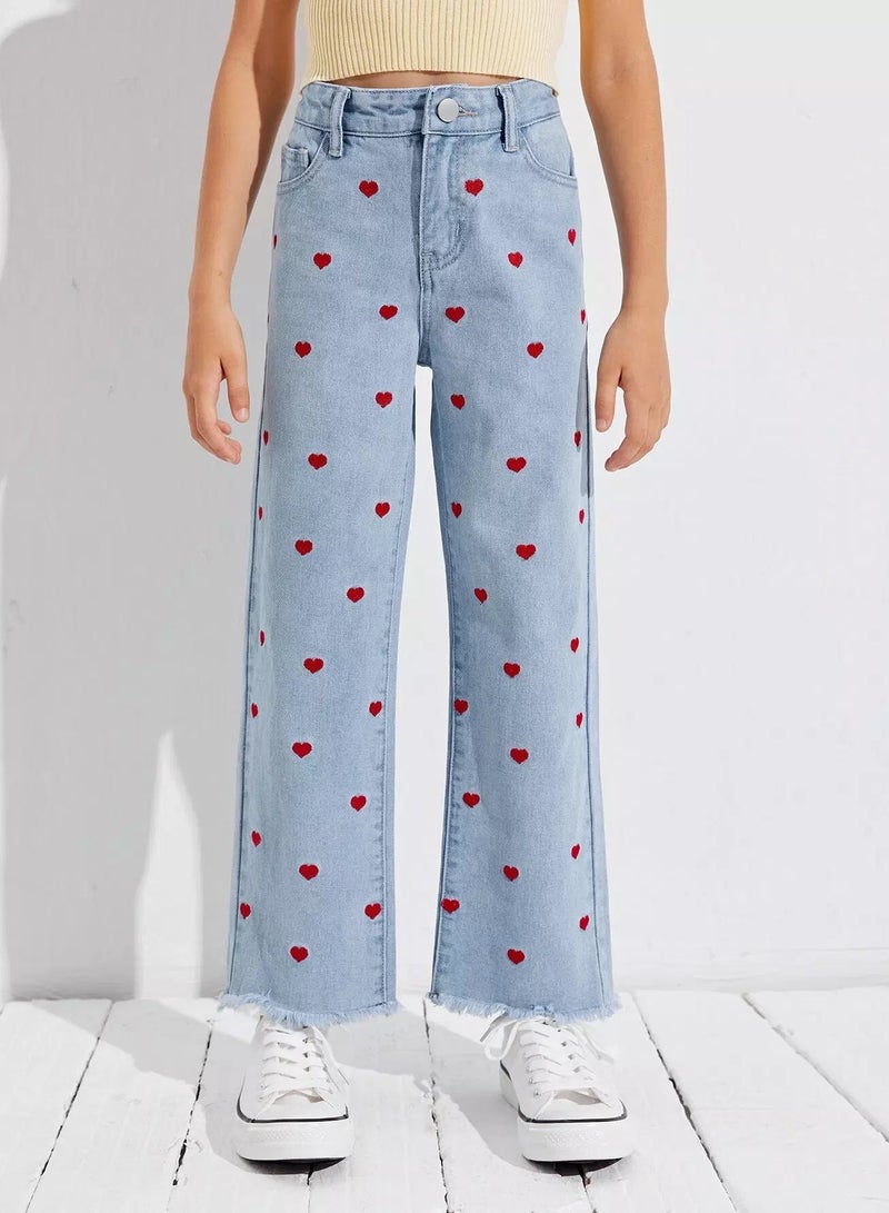 Girls Zipper Fly Embroidery Heart Raw Hem Wide Leg Jeans  - Image 1
