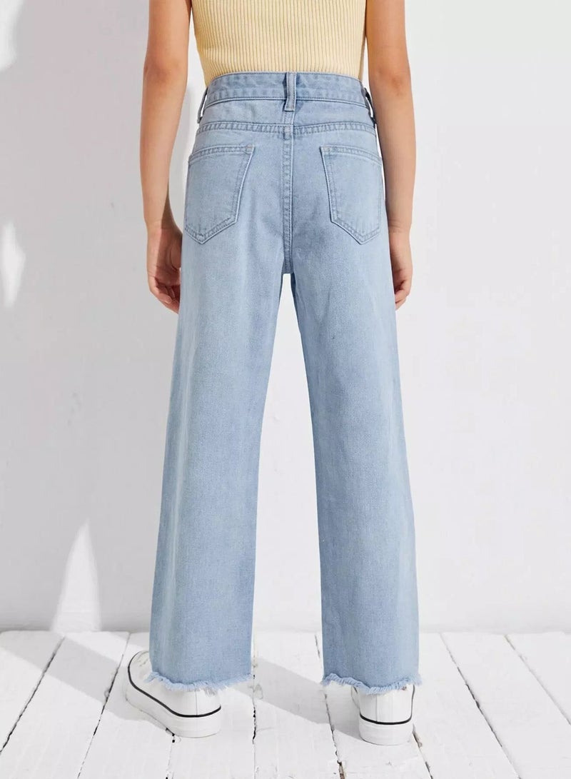 Girls Zipper Fly Embroidery Heart Raw Hem Wide Leg Jeans  - Image 2