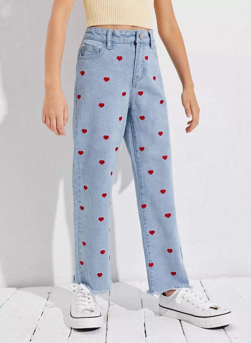 Girls Zipper Fly Embroidery Heart Raw Hem Wide Leg Jeans  - Image 5