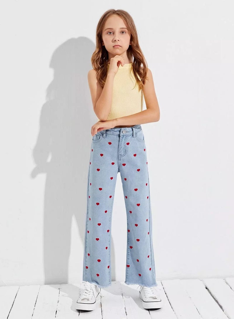 Girls Zipper Fly Embroidery Heart Raw Hem Wide Leg Jeans  - Image 3