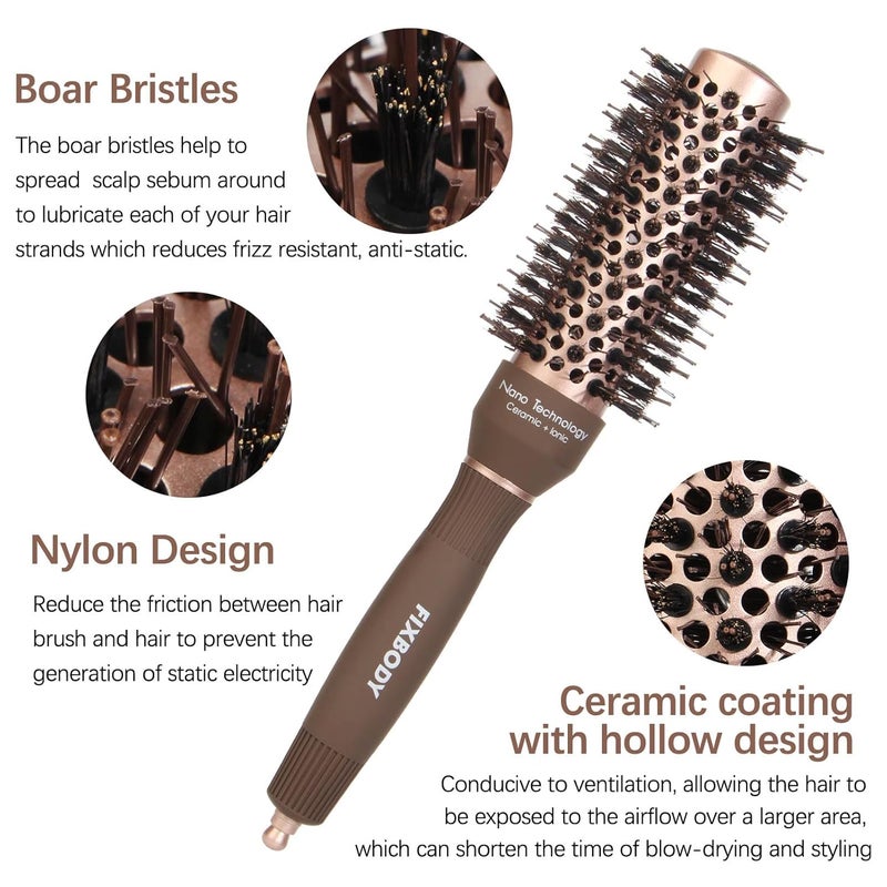 FIXBODY Round Hair Brush with Boar Bristles, Nano Thermal Ceramic, Ionic Tech and Anti-Static, Roller Hairbrush for Blow Drying, Curling, Straightening (2.5 inch, Barrel 1.25 inch) - Image 3