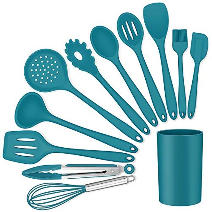 LIANYU 12-Piece Silicone Kitchen Cooking Utensils Set with Holder, Kitchen Tools Include Slotted Spatula Spoon Turner Ladle Tong Whisk, Dishwasher Safe, Dark Blue