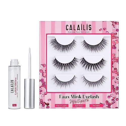 CALAILIS False Eyelash, Eye Makeup Lash 3D Faux Mink Fake Eyelash Long Natural Eyelashes 3 Pairs with 5g False Eyelash Glue (CS11) - Image 1