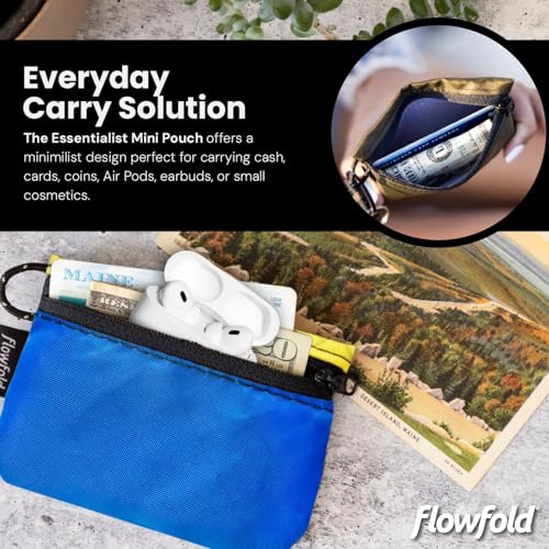 Flowfold Essentialist Clippable Mini Zip Pouch for Holding Coin, ID, Credit Card, and More | Small Water Repellent Wallet Made from Recycled Materials | Handcrafted In USA | Blue and Yellow - Image 3