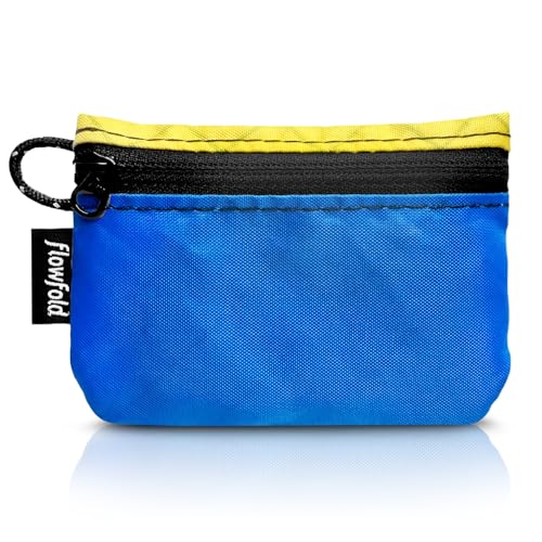 Flowfold Essentialist Clippable Mini Zip Pouch for Holding Coin, ID, Credit Card, and More | Small Water Repellent Wallet Made from Recycled Materials | Handcrafted In USA | Blue and Yellow - Image 1