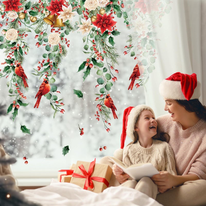 Whaline 9 Sheets Christmas Floral Window Cling Stickers Hanging Poinsettia Flowers Eucalyptus Leaves Reusable Window Decals for Xmas Winter Party Home Office Classroom Decoration - Image 5