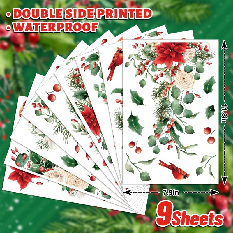 Whaline 9 Sheets Christmas Floral Window Cling Stickers Hanging Poinsettia Flowers Eucalyptus Leaves Reusable Window Decals for Xmas Winter Party Home Office Classroom Decoration - Image 2