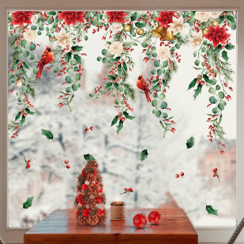 Whaline 9 Sheets Christmas Floral Window Cling Stickers Hanging Poinsettia Flowers Eucalyptus Leaves Reusable Window Decals for Xmas Winter Party Home Office Classroom Decoration - Image 3