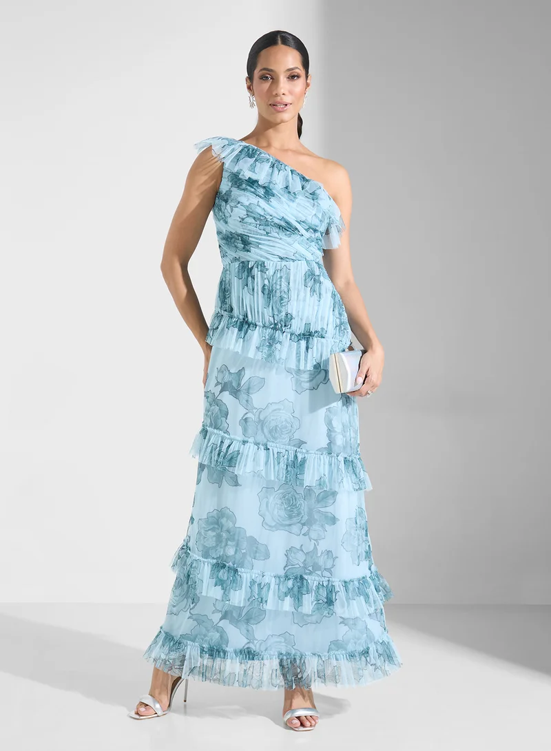 Lace and Beads Floral Ruffle Maxi Dress