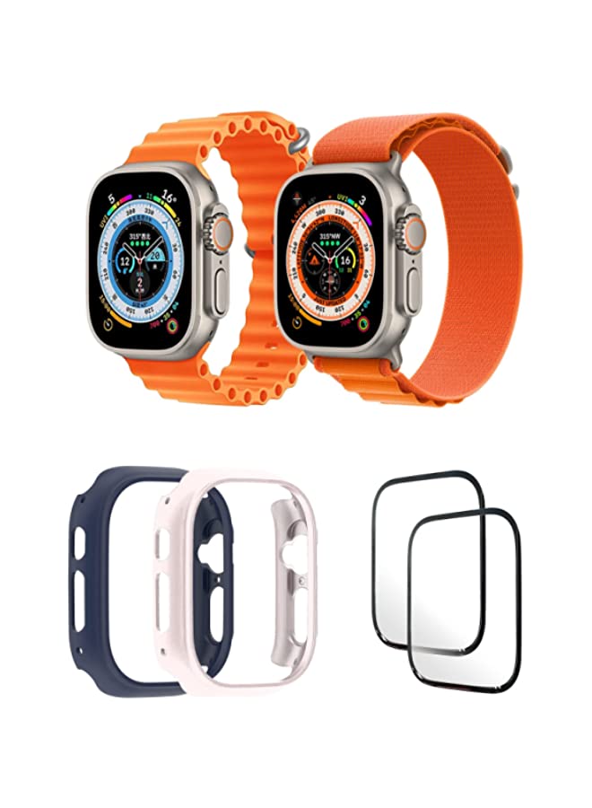 IAF Silicone Ocean Band Strap for iWatch Ultra 8 49mm,Nylon G-hook Loop Buckle Watch Strap, 49mm Orange/Orange , Case Compatible with iWatch Ultra 49mm Blue/Pink ,2* pcs Watch glass Set of 6
