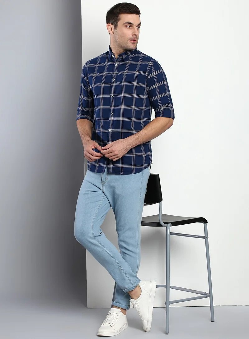 Dennis Lingo Slim Fit Navy Men's Checkered Shirt, Spread Collar, Full Sleeves, Cotton,