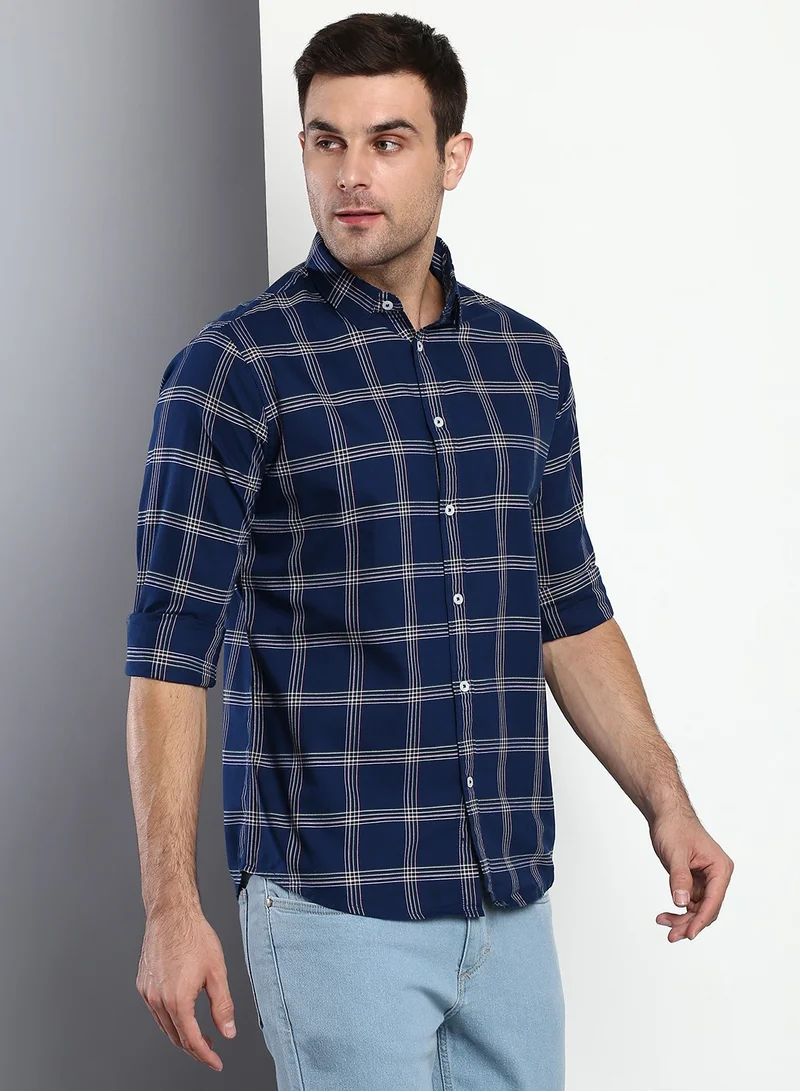 Dennis Lingo Slim Fit Navy Men's Checkered Shirt, Spread Collar, Full Sleeves, Cotton,