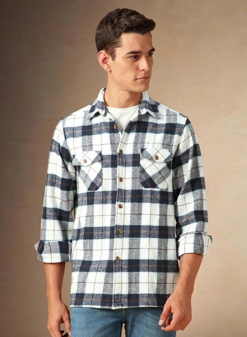 Dennis Lingo Men's White 100% Cotton Checkered Shirt