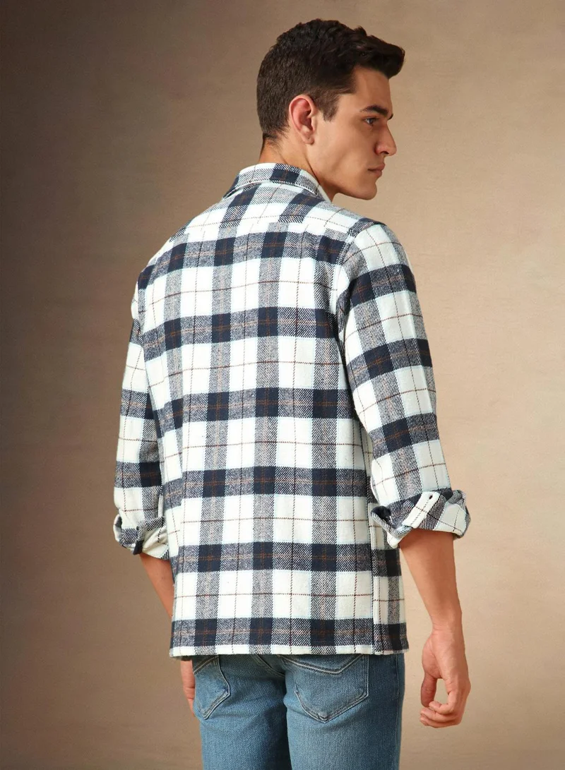Dennis Lingo Men's White 100% Cotton Checkered Shirt