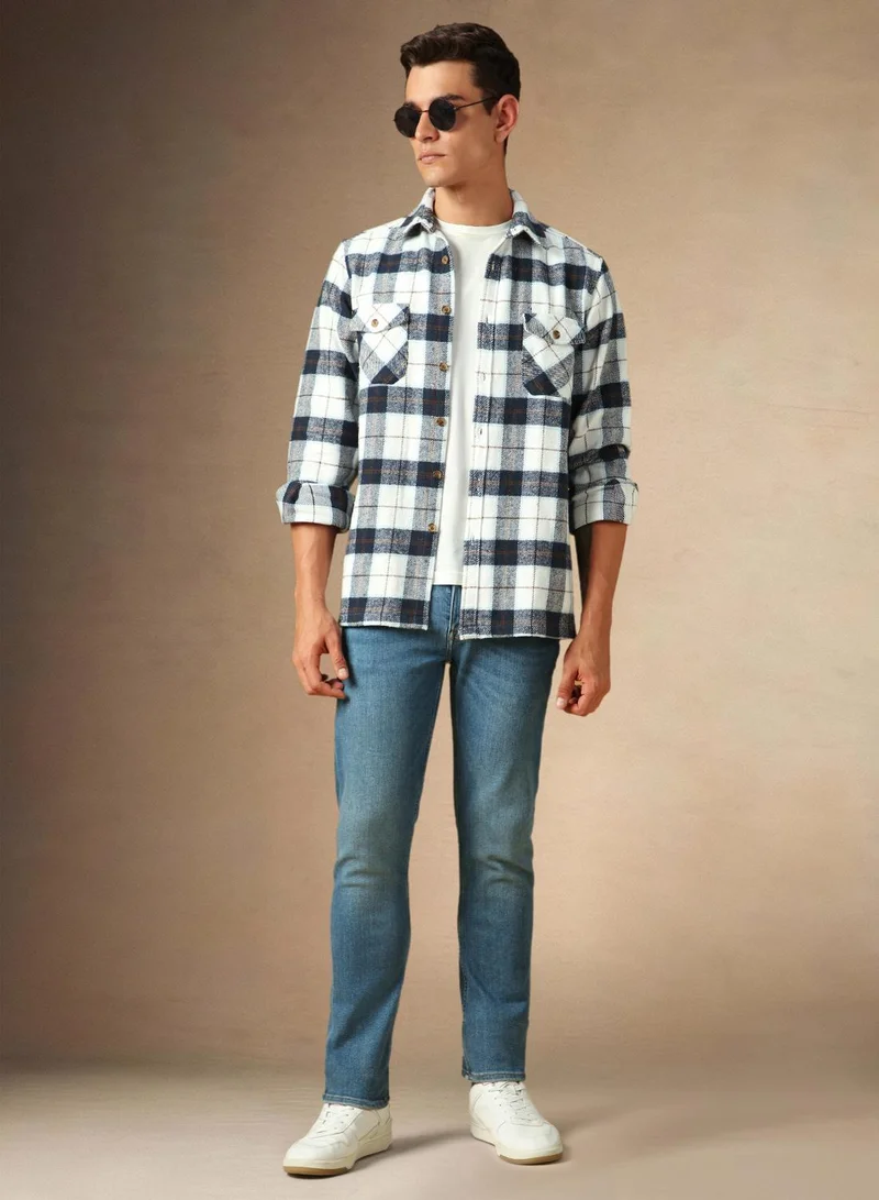 Dennis Lingo Men's White 100% Cotton Checkered Shirt