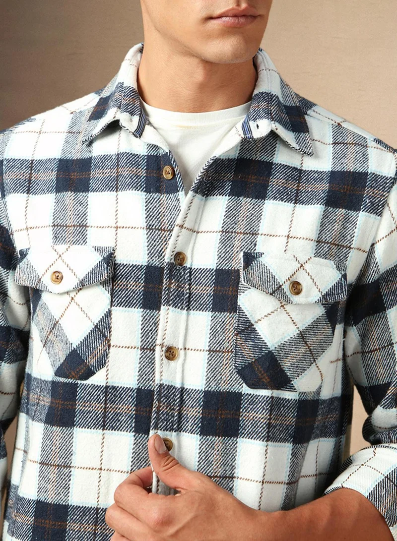 Dennis Lingo Men's White 100% Cotton Checkered Shirt