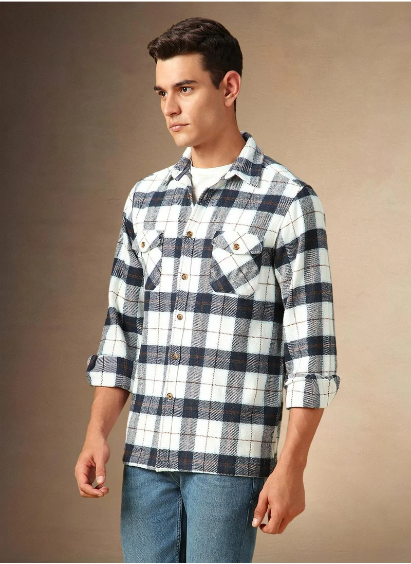 Dennis Lingo Men's White 100% Cotton Checkered Shirt