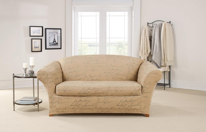 Waverly Stretch Pen Pal 2 Piece Loveseat Slipcover in Parchment