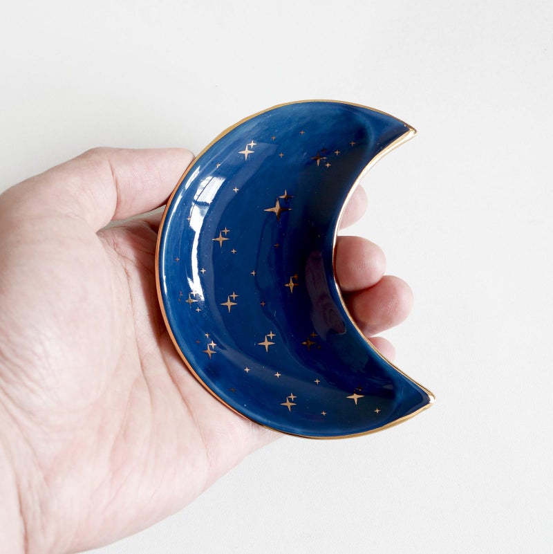 BIHOIB Small Moon Jewelry Dish Tray, Decorative Ceramic Trinket Dish, Modern Accent Tray for Vanity, Blue - Image 3