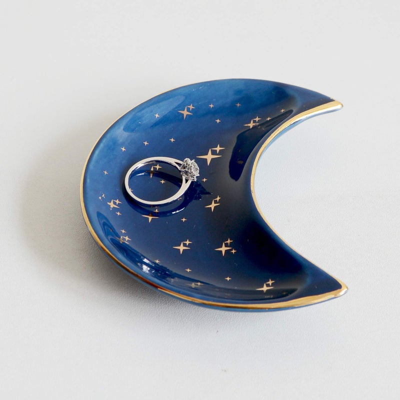 BIHOIB Small Moon Jewelry Dish Tray, Decorative Ceramic Trinket Dish, Modern Accent Tray for Vanity, Blue - Image 1