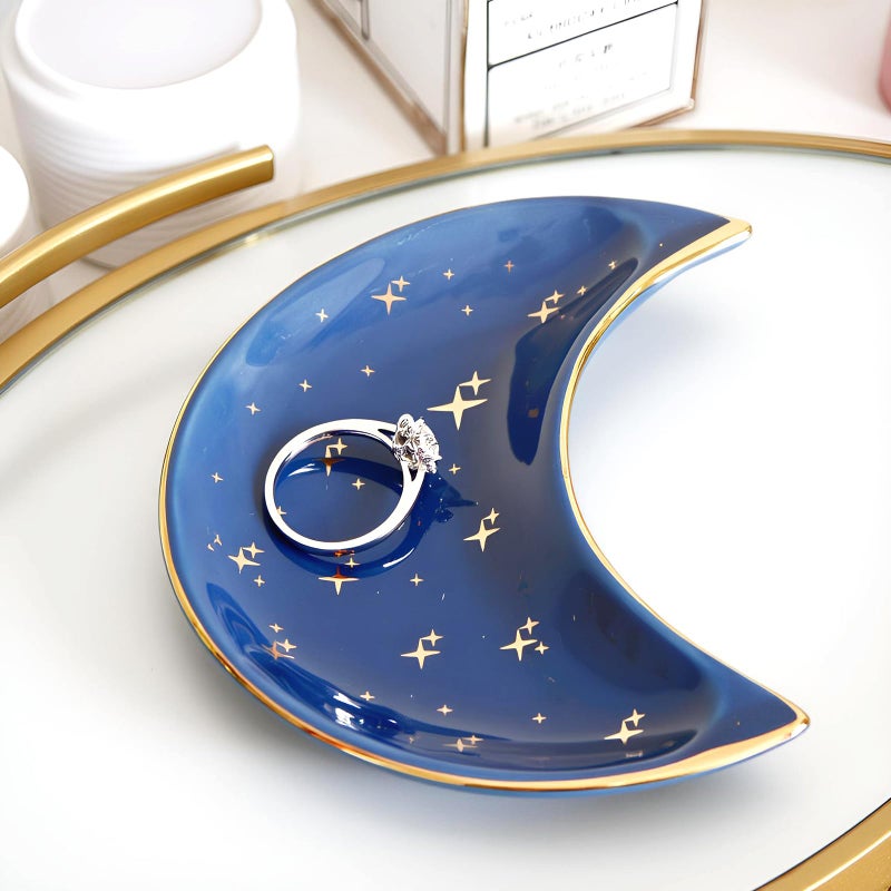 BIHOIB Small Moon Jewelry Dish Tray, Decorative Ceramic Trinket Dish, Modern Accent Tray for Vanity, Blue - Image 2
