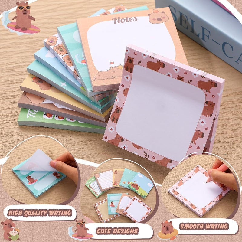 Saypacck 9 Pads Cute Sticky Notes Cartoon Self Stick Notepads 3x3 Inches Notes Adhesive Memo Pad Office Decor Gifts for Students School Teacher Office Meeting (Capybara) - Image 2