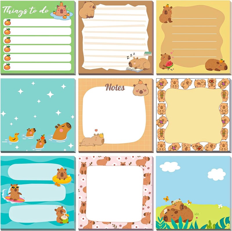 Saypacck 9 Pads Cute Sticky Notes Cartoon Self Stick Notepads 3x3 Inches Notes Adhesive Memo Pad Office Decor Gifts for Students School Teacher Office Meeting (Capybara) - Image 1