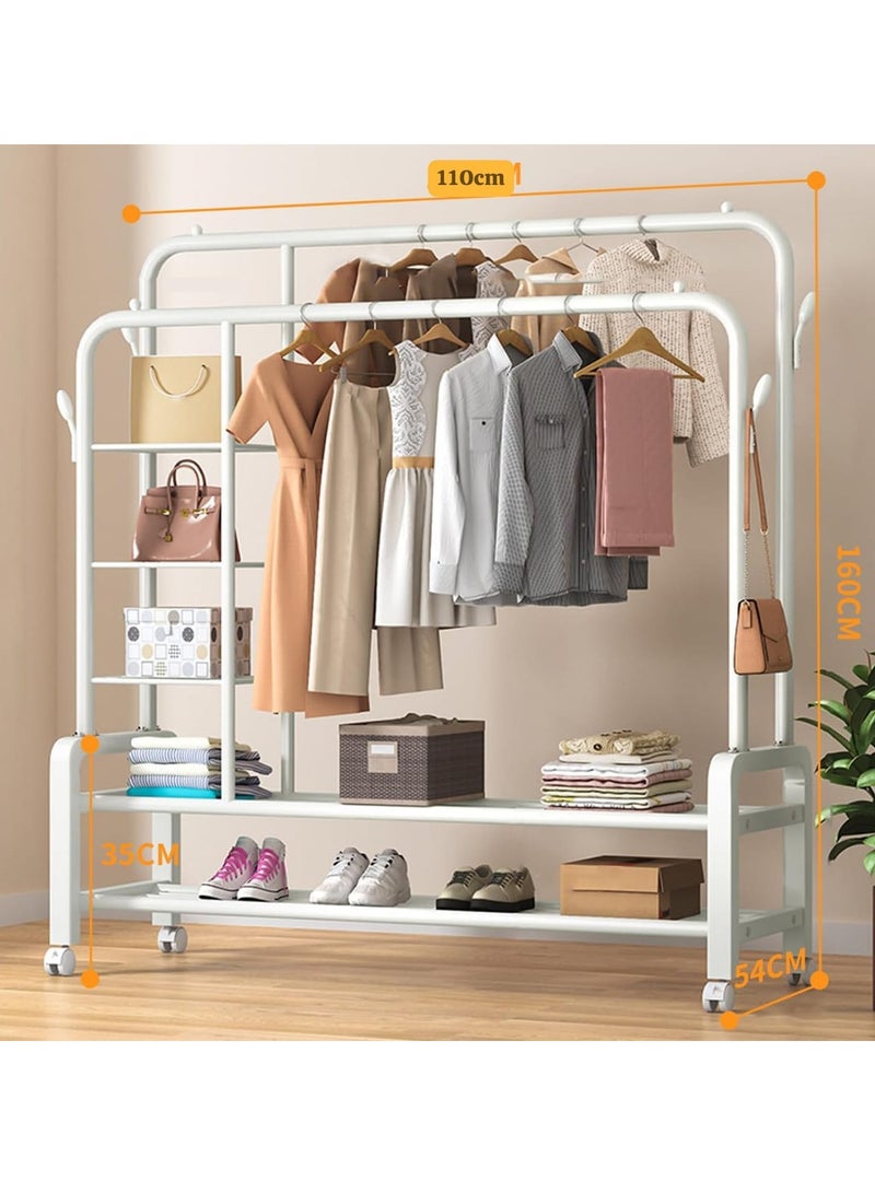 Heavy Duty Clothes Rail Metal Double Garment Rack Hanging Rod with and 2-Tier Shelves Storage Display Stand Max. Load 60 Kg for Home Garment Storage Indoor - Image 2