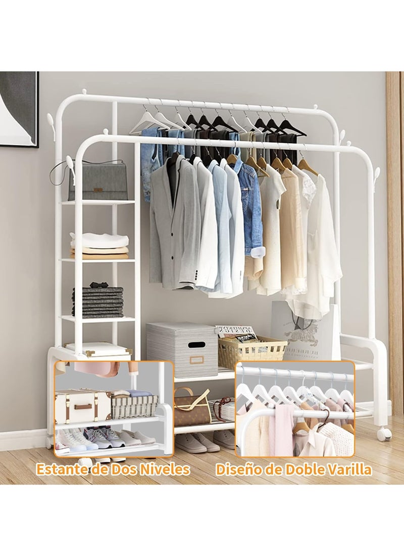 Heavy Duty Clothes Rail Metal Double Garment Rack Hanging Rod with and 2-Tier Shelves Storage Display Stand Max. Load 60 Kg for Home Garment Storage Indoor - Image 5