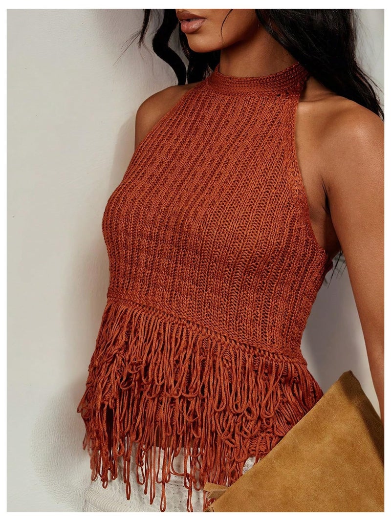 SweatyRocks Women's Fringe Halter Tops Sleeveless Open Back Summer Knit Crochet Tank Top Rust Brown Medium - Image 3