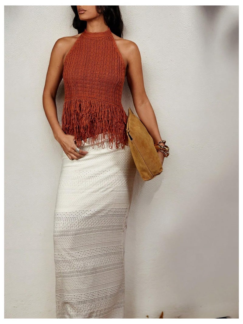 SweatyRocks Women's Fringe Halter Tops Sleeveless Open Back Summer Knit Crochet Tank Top Rust Brown Medium - Image 4