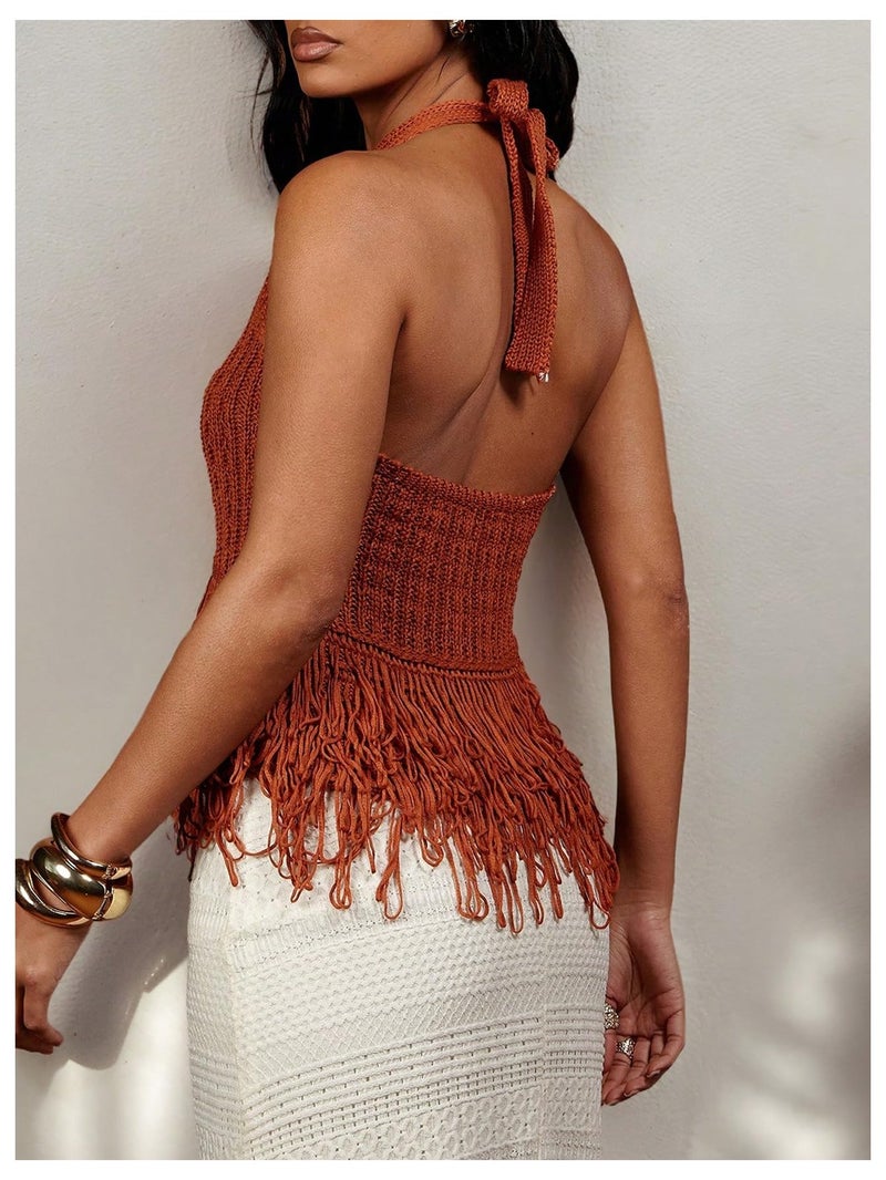 SweatyRocks Women's Fringe Halter Tops Sleeveless Open Back Summer Knit Crochet Tank Top Rust Brown Medium - Image 2
