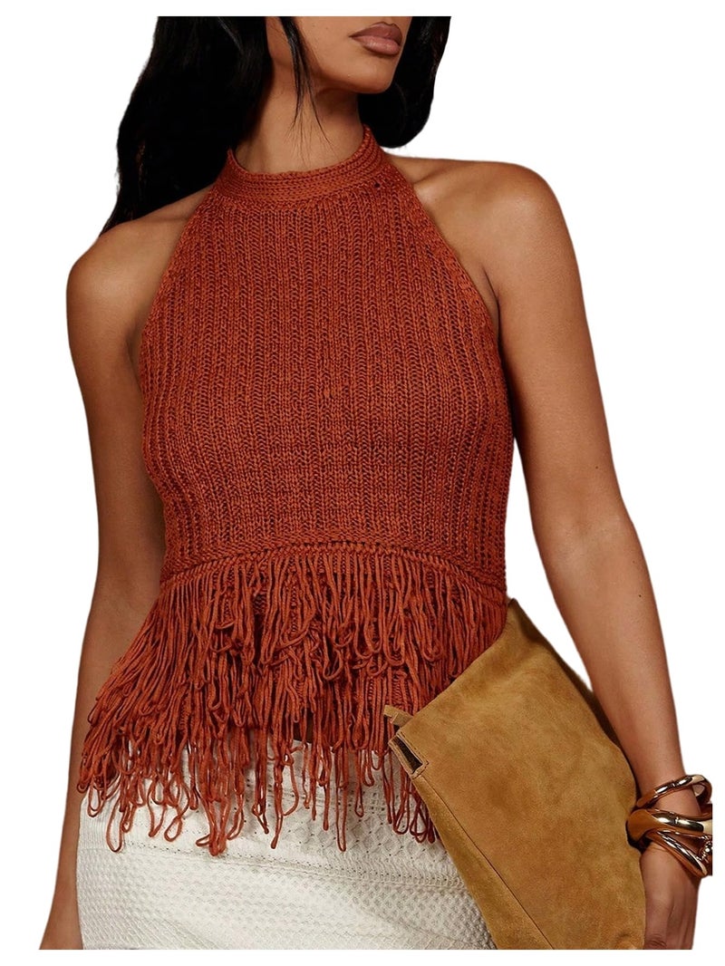 SweatyRocks Women's Fringe Halter Tops Sleeveless Open Back Summer Knit Crochet Tank Top Rust Brown Medium - Image 1
