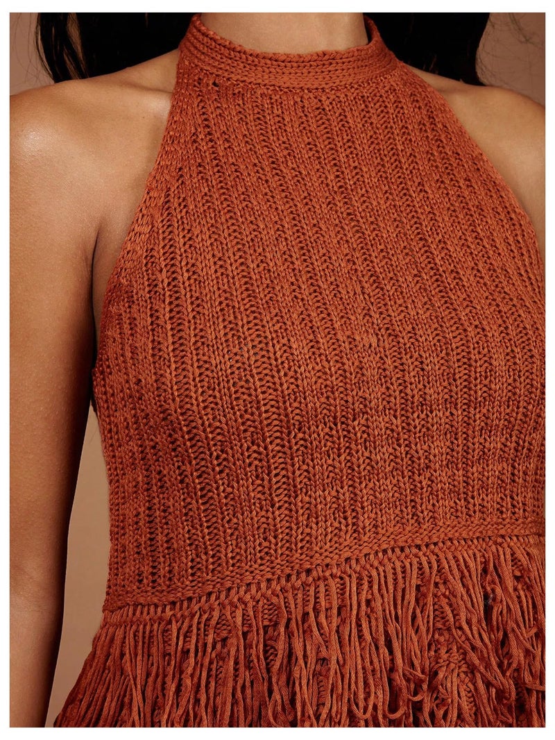 SweatyRocks Women's Fringe Halter Tops Sleeveless Open Back Summer Knit Crochet Tank Top Rust Brown Medium - Image 5