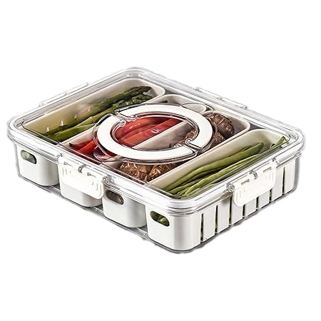 CHALISA Divided 4 Compartment Snack Tray with Lid & Handle,Snackle Box Container Veggie Serving Tray, Charcuterie Board for Travel Party & Picnic, Refrigerator Organize Box for Vegetable Fruit Candy - Image 1