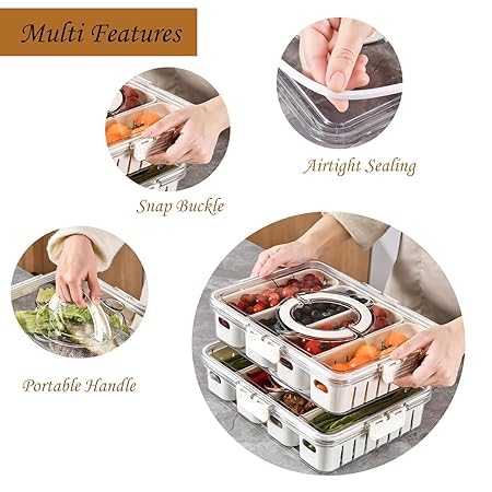 CHALISA Divided 4 Compartment Snack Tray with Lid & Handle,Snackle Box Container Veggie Serving Tray, Charcuterie Board for Travel Party & Picnic, Refrigerator Organize Box for Vegetable Fruit Candy - Image 2