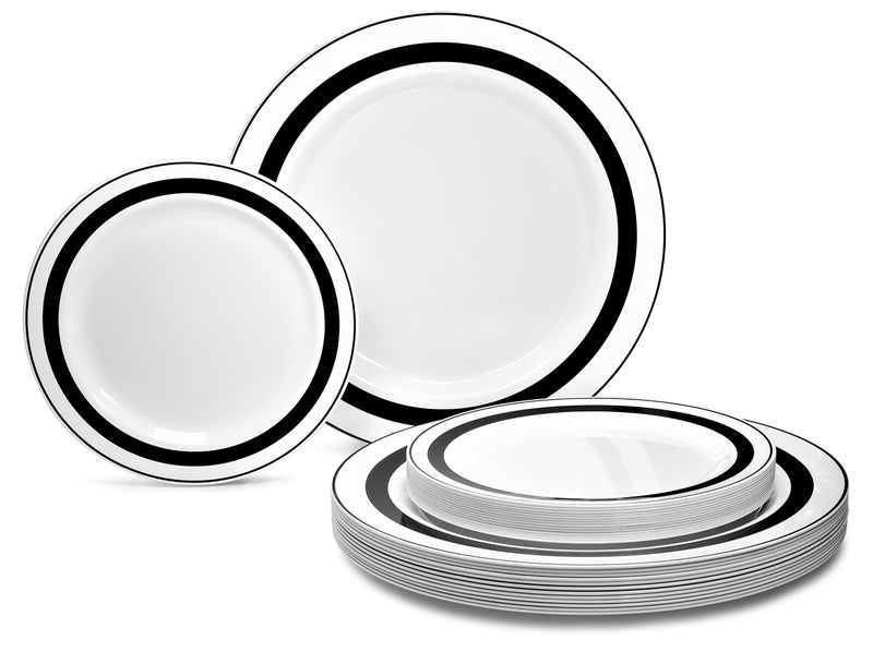 OCCASIONS 50 Plates Pack 25 GuestsHeavyweight Wedding Party Disposable Plastic Plate Set 25 x 105 Dinner  25 x 75 SaladDessert plates Soleil White  Black