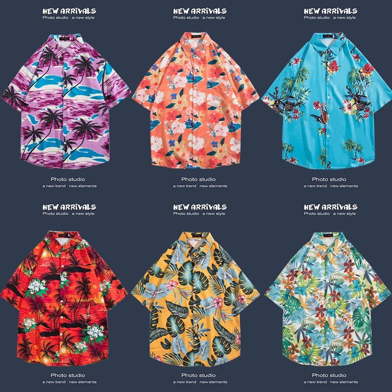 Hong Kong Style Short-Sleeved Shirt For Men And Women, Summer Loose And Thin Hawaiian Beach Floral Three-Quarter Sleeve Floral Shirt - Image 4