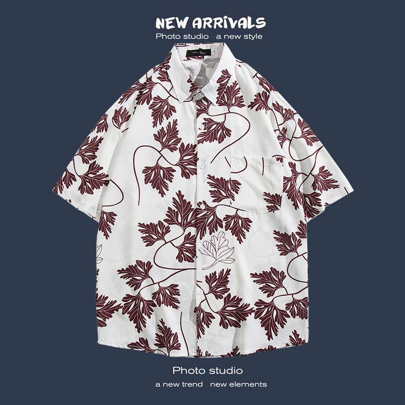Hong Kong Style Short-Sleeved Shirt For Men And Women, Summer Loose And Thin Hawaiian Beach Floral Three-Quarter Sleeve Floral Shirt - Image 1