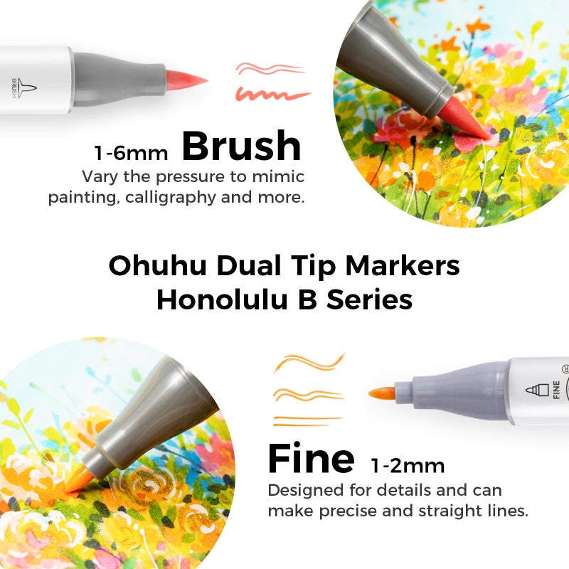 Ohuhu Alcohol Brush Markers 48 Mid-tone Colors- Double Tipped Alcohol Based Art Marker Set for Artists Adults Coloring Sketch Illustration- Brush & Fine Dual Tips- Honolulu B- Refillable - Image 2