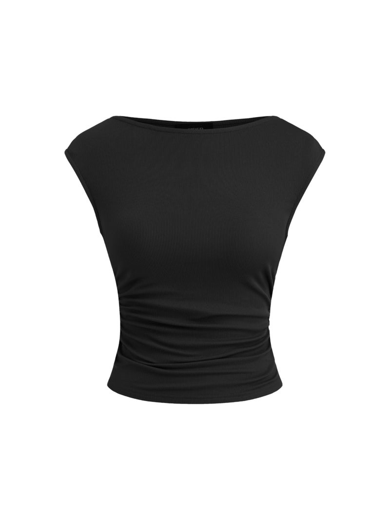 CIDER Boat Neck Tops for Women Sleeveless Ruched Crop Tank Tops Slim Fit Trendy Summer Outfits Casual Tee Shirt Black - Image 1
