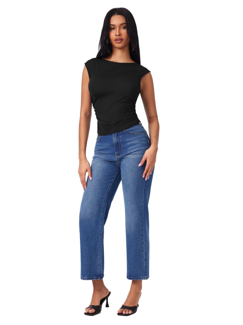 CIDER Boat Neck Tops for Women Sleeveless Ruched Crop Tank Tops Slim Fit Trendy Summer Outfits Casual Tee Shirt Black - Image 5