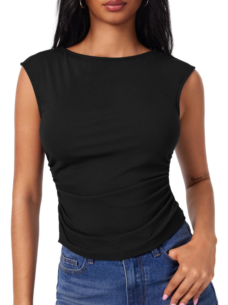 CIDER Boat Neck Tops for Women Sleeveless Ruched Crop Tank Tops Slim Fit Trendy Summer Outfits Casual Tee Shirt Black - Image 2