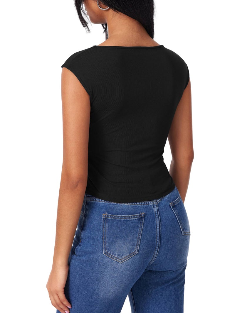 CIDER Boat Neck Tops for Women Sleeveless Ruched Crop Tank Tops Slim Fit Trendy Summer Outfits Casual Tee Shirt Black - Image 4