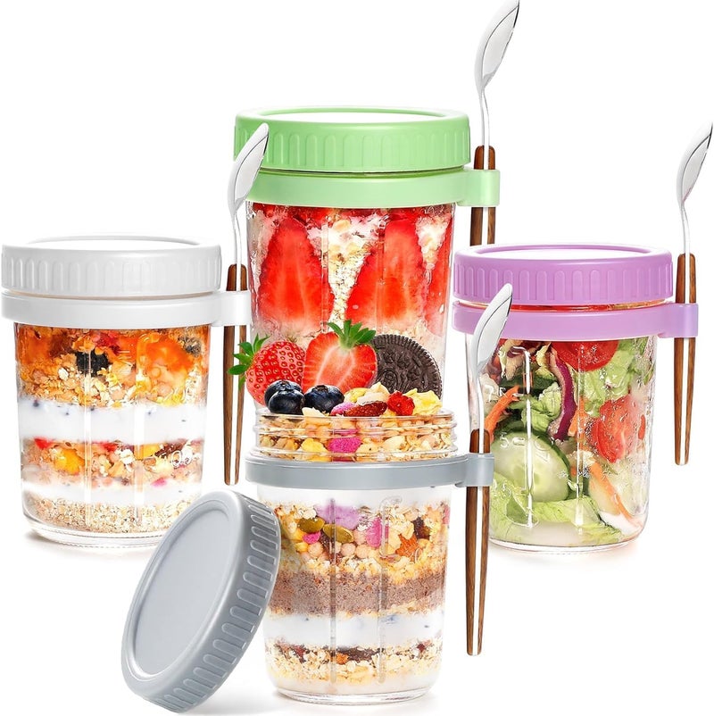 KHOLAD Overnight Oats Containers with Lids and SpoonMason Jars350ml Glass Oatmeal Container to Go for Chia Pudding Yogurt Salad Cereal Meal Prep Jars Pack of 2 Multicolor - Image 1
