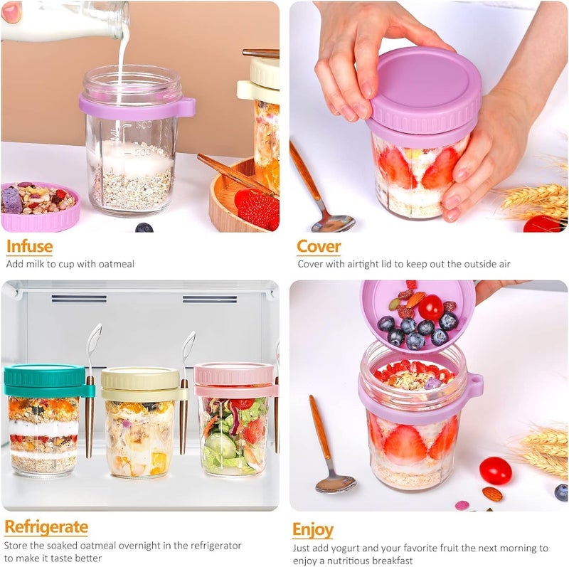 KHOLAD Overnight Oats Containers with Lids and SpoonMason Jars350ml Glass Oatmeal Container to Go for Chia Pudding Yogurt Salad Cereal Meal Prep Jars Pack of 2 Multicolor - Image 3