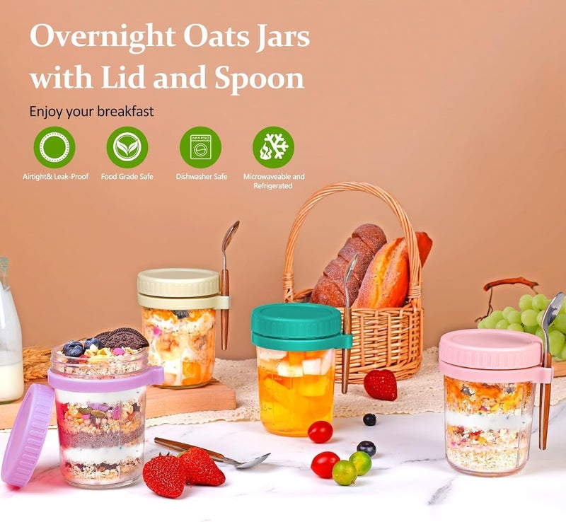 KHOLAD Overnight Oats Containers with Lids and SpoonMason Jars350ml Glass Oatmeal Container to Go for Chia Pudding Yogurt Salad Cereal Meal Prep Jars Pack of 2 Multicolor - Image 4